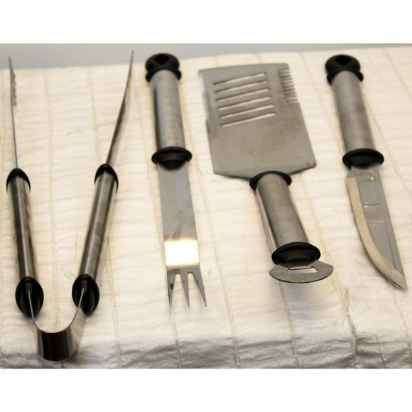 Deluxe BBQ Tool 5 pc Set Stainless Steel Metal Storage Diamond-Plate Store Carry - Picture 2 of 7